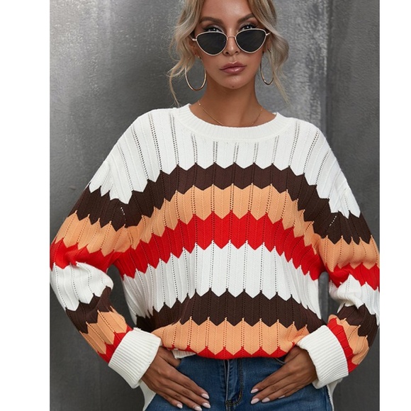 Sweaters - Chunky striped crew neck knit sweater